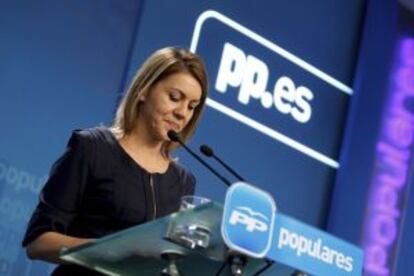 Dolores de Cospedal comparece en la sede del PP en Génova (Madrid) tras los resultados.