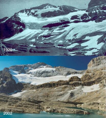 La cascada de hielo que se aprecia a la izquierda de la imagen de 1920, y que conectaba la parte superior e inferior del glaciar, había desaparecido por completo en 2002.