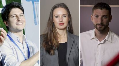 De izquierda a derecha, el líder de Nuevas Generaciones ,Diego Gago, la secretaria de Juventud de Ciudadanos, Melisa Rodríguez y el presidente de Juventudes Socialistas, Omar Anguita.