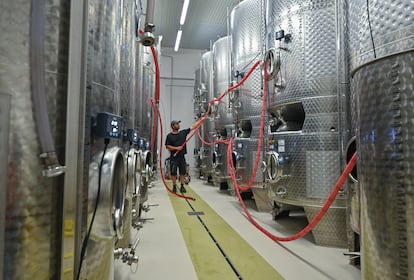 Un trabajador de la bodega de Weingut Patke eGbR, en Brandeburgo (Alemania).