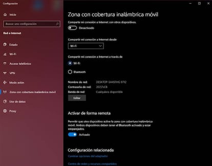 Configuración del punto de acceso wifi de Windows 10.