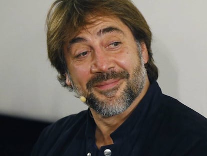 El actor Javier Bardem, este lunes en las jornadas Cine, Ayuda y Solidaridad, que celebra la Academia de Cine.