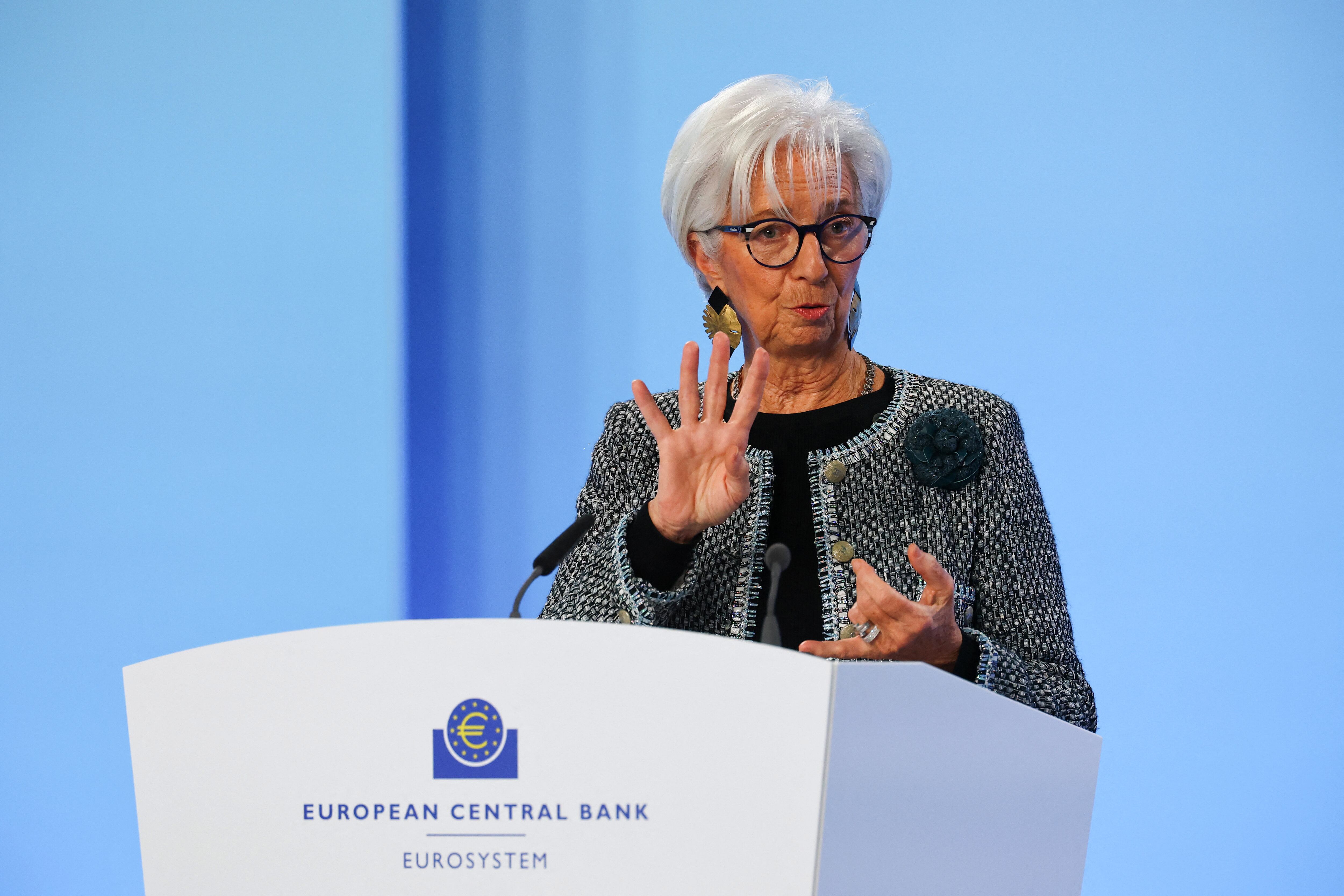 La presidenta del BCE, Christine Lagarde, durante la rueda de prensa celebrada este jueves en Fráncfort.