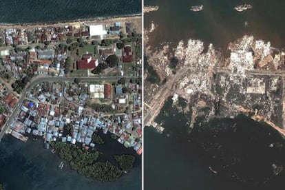 La ciudad de Banda Aceh, antes y después del paso del <i>tsunami.</i>