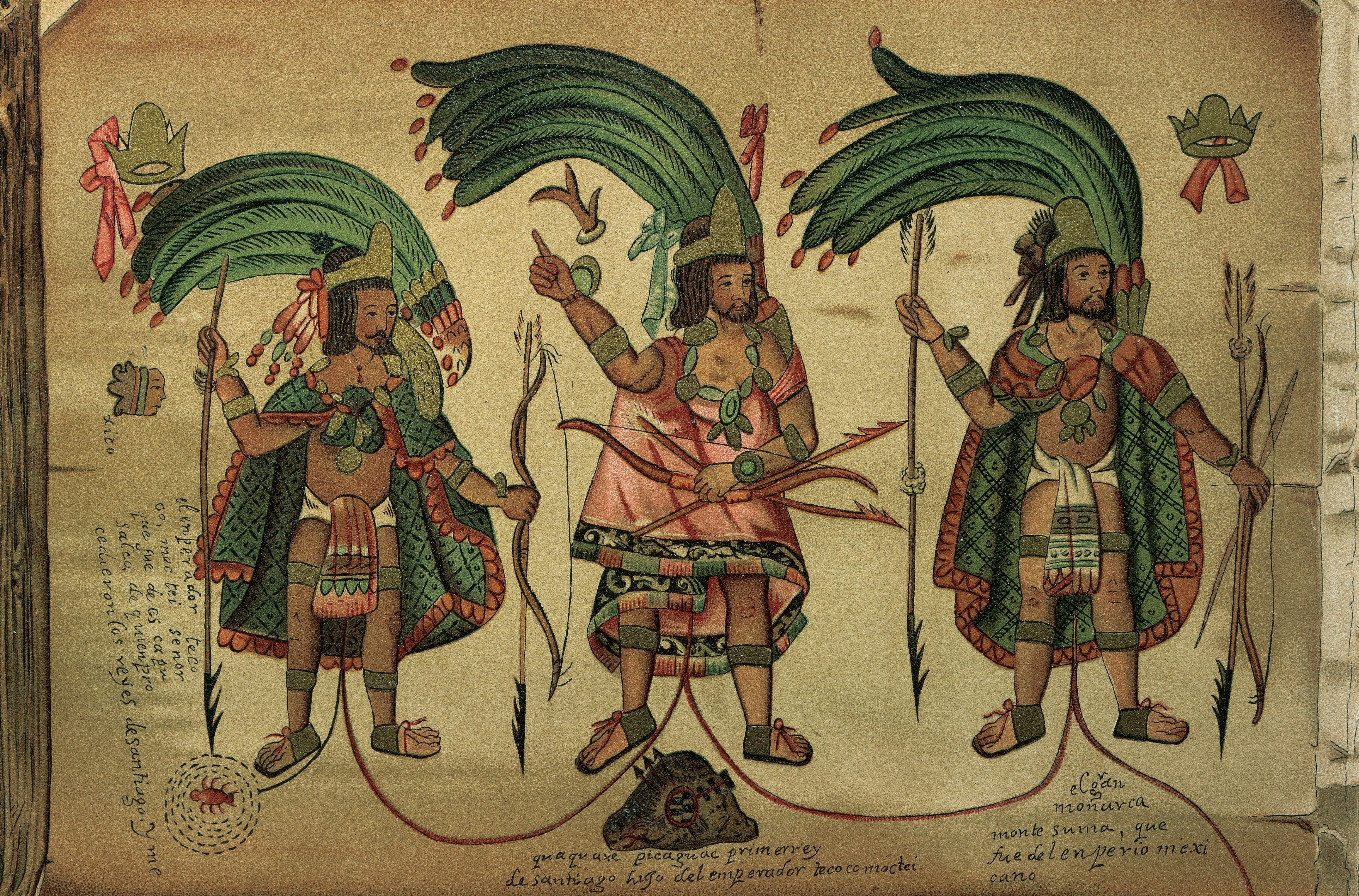 Genealogía de la casa Menduza-Moctezuma. De izquierda a derecha: Tezozómoc (gobernador de Azcapotzalco, siglo XV), Quaquahpitzuac (gobernador de Tlatelolco, siglo XV) y Moctezuma. Dibujo de los siglos XVII-XVIII, en el Museo Nacional de Antropología. México.