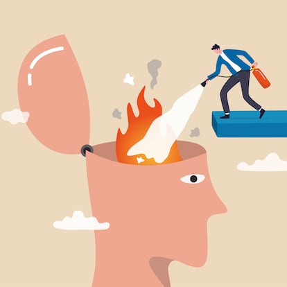 Therapy to cool down burning mind or anger, reduce burnout or mental illness, depression, cure anxiety and stress concept, man with fire extinguisher try to extinguish burning fire on human head.