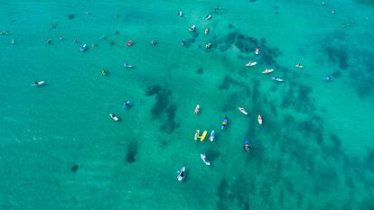 Vista aérea de surfistas en la playa de Hiriketiya, en la costa sur de Sri Lanka.