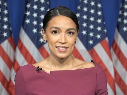 La congresista Alexandria Ocasio-Cortez, durante su discurso.