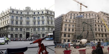 A la izquierda, el edificio de la plaza de Canalejas, hace unos años; a la derecha, aspecto actual del inmueble.