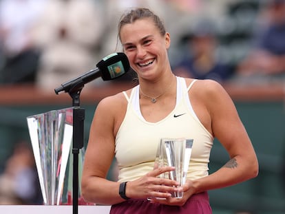 Aryna Sabalenka makes a speech following her loss to Elena Rybakina of Kazakhstan in the final during the BNP Paribas Open on March 19, 2023 in Indian Wells, California.