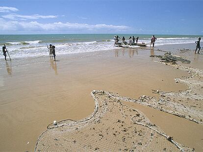 Un grupo de pescadores, con sus redes y embarcaciones, en una playa del Estado de Alagoas, al noreste de Brasil.