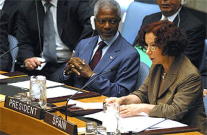 Ana Palacio durante su intervención ante el Consejo de Seguridad de Naciones Unidas, en Nueva York.