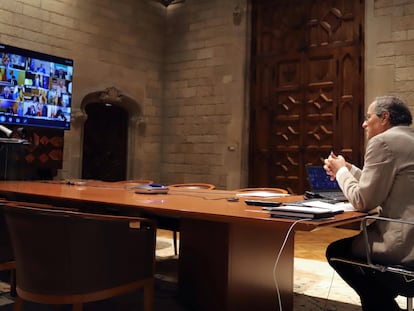 Quim Torra, durante la videoconferencia con Pedro Sánchez y los presidentes de las comunidades autónomas celebrada este domingo.