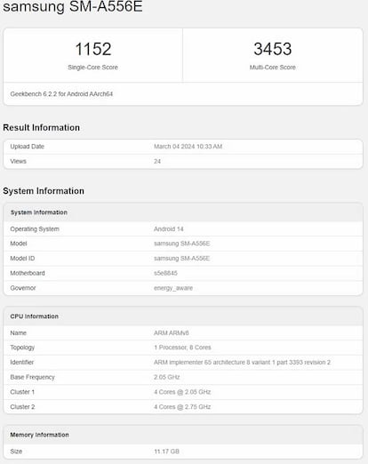 Samsung Galaxy A55 en Geekbench