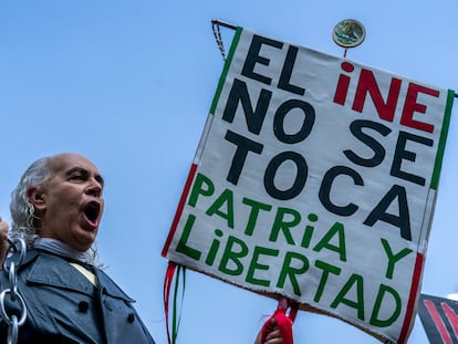 Un ciudadano durante la marcha contra la reforma del INE, el 13 de noviembre de 2022 en Ciudad de México.