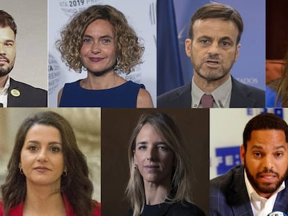 Los candidatos por Barcelona para las elecciones del 10-N, de izquierda a derecha: Gabriel Rufián, Meritxell Batet, Jaume Asens, Laura Borràs, Inés Arrimadas, Cayetana Álvarez de Toledo e Ignacio Garriga.