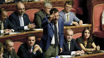 Matteo Salvini este martes durante una intervención en el Senado de Italia.