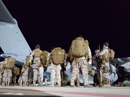 Spanish soldiers leave in the first of two A400M aircraft to assist with the evacuation effort.