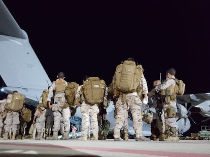 Spanish soldiers leave in the first of two A400M aircraft to assist with the evacuation effort.