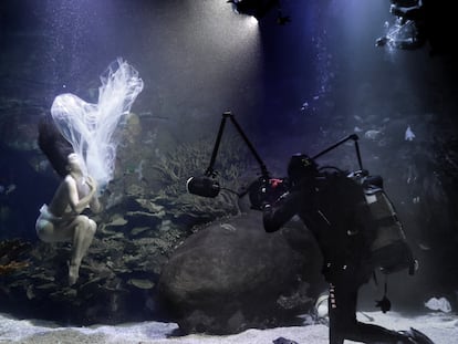 Isabel Muñoz retratando a Ai Futaki en la zona del Caribe en el Oceanogràfic.