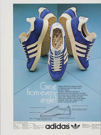 Campaña de Gazelle de 1976, uno  de los modelos Originals que hicieron de Adidas, como dice el anuncio, "la marca líder en todo el mundo".