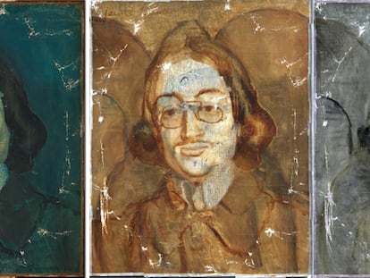 A la izquierda la obra 'Jaume Sabartés con quevedos' de Picasso (1901), seguidas de dos imágenes obtenidas de la obra mediante reflectologia infrarroja en la National Gallery de Washington.