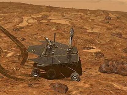 Dibujo de uno de los vehículos todoterreno gemelos estadounidenses que pasearán por Marte en 2004 controlados desde la Tierra. Abajo, vista del Nirgal Vallis desde una nave en órbita y representación de la sonda europea <i>Mars Express</i>.