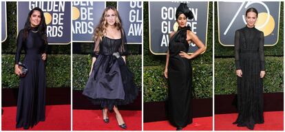 De izquierda a derecha: Salma Hayek (vestida de Balenciaga), Sarah Jessica Parker (de Dolce & Gabbana), Ellis Ross (de Marc Jacbos) y Alicia Vikander (con vestido de Louis Vuitton), en los Globos de Oro del pasado 8 de enero.