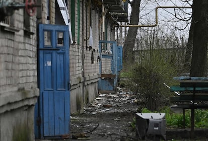 This photograph taken on April 6, 2023, shows a heavily damaged residential building in the town of Chasiv Yar, Donetsk region, amid the Russian invasion of Ukraine