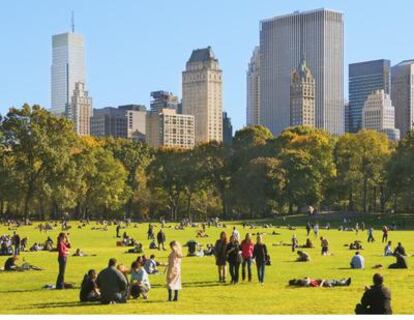 Imagen de gente en Central Park con los rascacielos al fondo