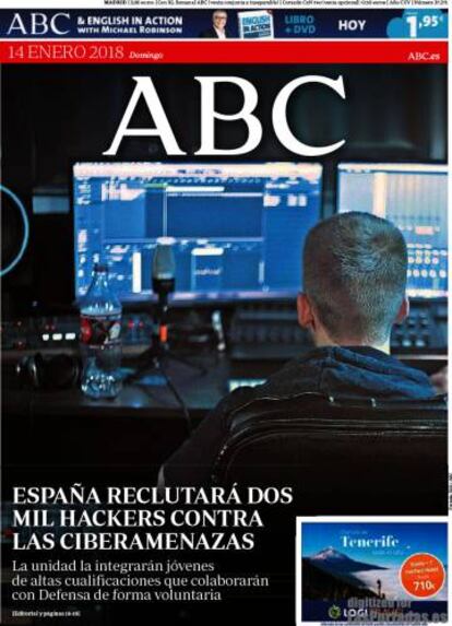 Portada de ABC en enero de 2018. Para ilustrar un tema sobre 'hackers', qué mejor que un joven con capucha en una habitación oscura con un ordenador... y un programa de edición de sonido.