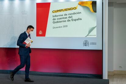 Pedro Sánchez, antes de la presentación del primer informe de rendición de cuentas del Gobierno.