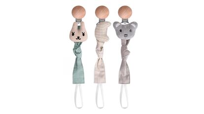 Pack de tres sujetachupetes con mini peluches de animales