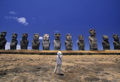 Los moáis de Ahu Tongariki, en Isla de Pascua (Chile).