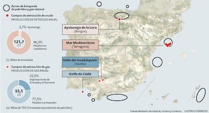 Mapa de los pozos de extracción de crudo y gas natural en España y de las zonas de prospección de nuevos yacimientos