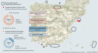 Mapa de los pozos de extracción de crudo y gas natural en España y de las zonas de prospección de nuevos yacimientos