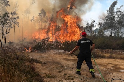 Un bombero trabaja para extinguir las llamas en Soutelo, Portugal, el lunes.
