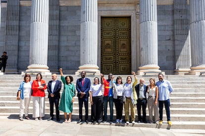 Los promotores de la regularización extraordinaria de inmigrantes, junto a los portavoces de varios grupos parlamentarios, a las puertas del Congreso.