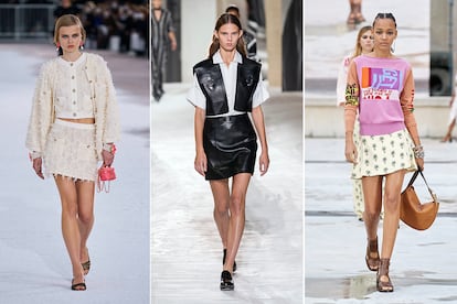 De izda. a dcha.: minifaldas en las pasarelas primavera-verano 2021 de Chanel, Hermès y Chloé.