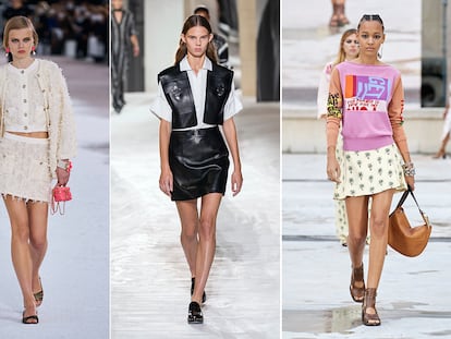 De izda. a dcha.: minifaldas en las pasarelas primavera-verano 2021 de Chanel, Hermès y Chloé.