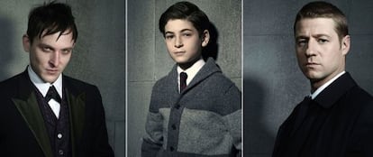 Robin Taylor (el Pingüino), David Mazouz (Bruce Wayne) y Ben McKenzie (Gordon).