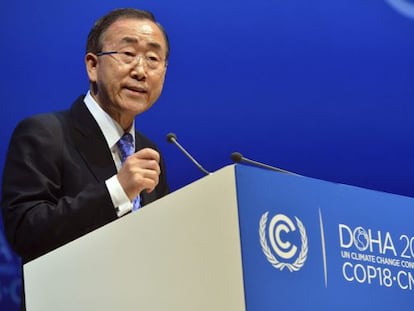 El secretario general de la ONU, Ban Ki-moon, en su intervenci&oacute;n este martes en Doha.