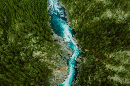 Un río del condado de Innlandet, en Noruega, descendiendo por una montaña.