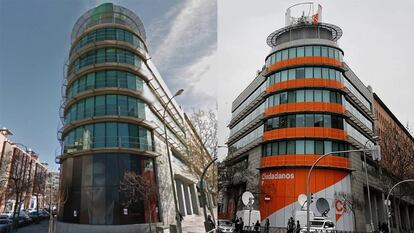 El cambio de la decoración en la fachada de la sede central de Ciudadanos.