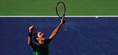 Federer celebra seu triunfo contra Wawrinka.