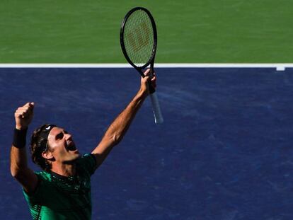 Federer celebra seu triunfo contra Wawrinka.