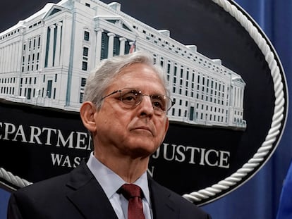 O secretário de Justiça dos EUA, Merrick Garland, durante a entrevista coletiva desta segunda-feira.