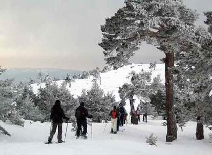 Un grupo de excursionistas camina sobre la  nieve en la sierra de Guadarrama.