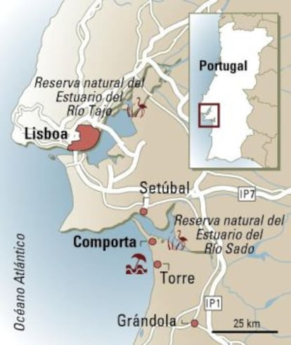 Mapa de Comporta y el estuario del Río Sado.