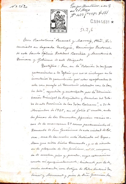 DOCUMENTO N 14 Certificac Obispo Campins 1913 inscrito en registro de la propiedad Palma.